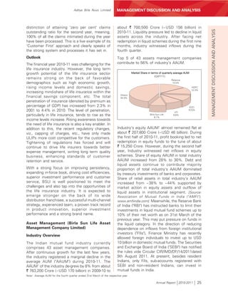 Aditya Birla Nuvo Limited          MANAGEMENT DISCUSSION AND ANALYSIS



distinction of attaining 'zero per cent' claims                          about ` 700,500 Crore (~USD 156 billion) in




                                                                                                                                                MANAGEMENT DISCUSSION AND ANALYSIS
outstanding ratio for the second year, meaning,                          2010-11. Liquidity pressure led to decline in liquid
100% of all the claims intimated during the year                         assets across the industry. After facing net
have been processed. This is a live example of its                       redemption in liquid schemes during the first nine
'Customer First' approach and clearly speaks of                          months, industry witnessed inflows during the
the strong system and processes it has set in.                           fourth quarter.
Outlook                                                                  Top 5 of 43 assets management companies
The financial year 2010-11 was challenging for the                       contribute to 56% of industry’s AAUM.
life insurance industry. However, the long term
growth potential of the life insurance sector                                        Market Share in terms of quarterly average AUM
                                                                                                        (Q4FY11)
remains strong on the back of favorable                                                                             Reliance
demographics such as high economic growth,                                                                           14.5%

rising income levels and domestic savings,                                                                                            HDFC
                                                                                                                                      12.3%
increasing mind-share of life insurance within the
                                                                           Others
financial savings component, etc. The total                                44.0%
penetration of insurance (denoted by premium as
percentage of GDP) has increased from 2.3% in                                                                                      ICICI
2001 to 4.4% in 2010. The level of penetration,                                                                        UTI
                                                                                                                                  10.5%

particularly in life insurance, tends to rise as the                                               Birla Sun Life     9.6%
                                                                                                        9.1%
income levels increase. Rising awareness towards
the need of life insurance is also a key enabler. In
addition to this, the recent regulatory changes,                         Industry's equity AAUM1 almost remained flat at
viz., capping of charges, etc., have only made                           about ` 207,800 Crore (~USD 46 billion). During
ULIPs more cost competitive for the customers.                           the first half of 2010-11, profit booking led to net
Tightening of regulations has forced and will                            redemption in equity funds to the tune of about
continue to drive life insurers towards better                           ` 15,250 Crore. However, during the second half
expense management, writing long term quality                            year, Industry witnessed net inflows in equity
business, enhancing standards of customer                                schemes. Share of equity AAUM in total industry
retention and service.                                                   AAUM increased from 28% to 30%. Debt and
                                                                         liquid assets continue to contribute majority
With a strong focus on improving persistency,                            proportion of total industry's AAUM dominated
expanding in-force book, driving cost efficiencies,                      by treasury investments of banks and corporates.
superior investment performance and customer                             Share of retail assets in total industry's AAUM
service, BSLI is well positioned to meet the                             increased from ~38% to ~44% supported by
challenges and also tap into the opportunities of                        market action in equity assets and outflow of
the life insurance industry. It is expected to                           liquid assets in institutional segment. [Source:
emerge stronger on the back of its wide                                  Association of Mutual Funds in India ("AMFI"),
distribution franchisee, a successful multi-channel                      www.amfiindia.com]. Meanwhile, the Reserve Bank
strategy, experienced team, a proven track record                        of India ("RBI") has instructed banks to limit their
in product innovation, superior investment                               investments in liquid mutual fund schemes up to
performance and a strong brand name.                                     10% of their net worth as on 31st March of the
                                                                         previous year. This may put pressure on funds in
Asset Management (Birla Sun Life Asset                                   the liquid category. In the direction of reducing
Management Company Limited)                                              dependence on inflows from foreign institutional
                                                                         investors ("FIIs"), Finance Ministry has recently
Industry Overview
                                                                         allowed foreign individuals to invest up to USD
The Indian mutual fund industry currently                                10 billion in domestic mutual funds. The Securities
comprises 43 asset management companies.                                 and Exchange Board of India ("SEBI") has notified
After continuous growth for the last few years,                          the rules vide Circular CIR/IMD/DF/14/2011dated
the industry registered a marginal decline in the                        9th August 2011. At present, besides resident
average AUM ("AAUM") during 2010-11. The                                 Indians, only FIIs, sub-accounts registered with
AAUM1 of the industry de-grew by 8% from about                           SEBI and non-resident Indians, can invest in
` 763,200 Crore (~USD 170 billion) in 2009-10 to                         mutual funds in India.
Note1: Average AUM for the fourth quarter ended 31st March of the respective year.

                                                                                                         Annual Report 2010-2011           25
 