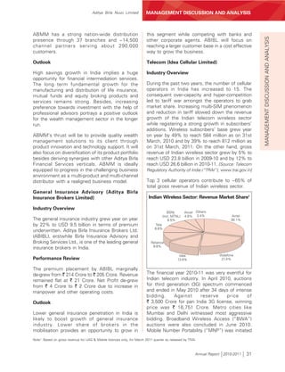 Aditya Birla Nuvo Limited         MANAGEMENT DISCUSSION AND ANALYSIS



ABMM has a strong nation-wide distribution                               this segment while competing with banks and




                                                                                                                                         MANAGEMENT DISCUSSION AND ANALYSIS
presence through 37 branches and ~14,500                                 other corporate agents. ABIBL will focus on
channel partners serving about 290,000                                   reaching a larger customer base in a cost effective
customers.                                                               way to grow the business.

Outlook                                                                  Telecom (Idea Cellular Limited)

High savings growth in India implies a huge                              Industry Overview
opportunity for financial intermediation services.
The long term fundamental growth for the                                 During the past two years, the number of cellular
manufacturing and distribution of life insurance,                        operators in India has increased to 15. The
mutual funds and equity broking products and                             consequent over-capacity and hyper-competition
services remains strong. Besides, increasing                             led to tariff war amongst the operators to grab
preference towards investment with the help of                           market share. Increasing multi-SIM phenomenon
professional advisors portrays a positive outlook                        and reduction in tariff slowed down the revenue
for the wealth management sector in the longer                           growth of the Indian telecom wireless sector
run.                                                                     while registering a strong growth in subscribers’
                                                                         additions. Wireless subscribers’ base grew year
ABMM’s thrust will be to provide quality wealth                          on year by 49% to reach 584 million as on 31st
management solutions to its client through                               March, 2010 and by 39% to reach 812 million as
product innovation and technology support. It will                       on 31st March, 2011. On the other hand, gross
also focus on diversification of its product portfolio                   revenue of Indian wireless sector grew by 5% to
besides deriving synergies with other Aditya Birla                       reach USD 23.8 billion in 2009-10 and by 12% to
Financial Services verticals. ABMM is ideally                            reach USD 26.6 billion in 2010-11. [Source: Telecom
equipped to progress in the challenging business                         Regulatory Authority of India (“TRAI”), www.trai.gov.in]
environment as a multi-product and multi-channel
distributor with a realigned business model.                             Top 3 cellular operators contribute to ~65% of
                                                                         total gross revenue of Indian wireless sector.
General Insurance Advisory (Aditya Birla
Insurance Brokers Limited)                                                Indian Wireless Sector: Revenue Market Share1

Industry Overview
                                                                                      BSNL        Aircel Others
                                                                                   (incl. MTNL)   4.6% 3.4%                Airtel
The general insurance industry grew year on year                                       8.5%                               30.1%
by 22% to USD 9.5 billion in terms of premium                                  Tata
                                                                              8.6%
underwritten. Aditya Birla Insurance Brokers Ltd.
(ABIBL), erstwhile Birla Insurance Advisory and
Broking Services Ltd., is one of the leading general                        Reliance
                                                                             9.8%
insurance brokers in India.
                                                                                              Idea                  Vodafone
Performance Review                                                                           13.6%                   21.4%


The premium placement by ABIBL marginally
de-grew from ` 214 Crore to ` 205 Crore. Revenue                         The financial year 2010-11 was very eventful for
remained flat at ` 21 Crore. Net Profit de-grew                          Indian telecom industry. In April 2010, auctions
from ` 4 Crore to ` 2 Crore due to increase in                           for third generation (3G) spectrum commenced
manpower and other operating costs.                                      and ended in May 2010 after 34 days of intense
                                                                         bidding.     Against     reserve     price    of
Outlook                                                                  ` 3,500 Crore for pan India 3G license, winning
                                                                         price was ` 16,751 Crore. Metro cities like
Lower general insurance penetration in India is                          Mumbai and Delhi witnessed most aggressive
likely to boost growth of general insurance                              bidding. Broadband Wireless Access (“BWA”)
industry. Lower share of brokers in the                                  auctions were also concluded in June 2010.
mobilisation provides an opportunity to grow in                          Mobile Number Portability (“MNP”) was initiated
Note1: Based on gross revenue for UAS & Mobile licences only, for March 2011 quarter as released by TRAI.



                                                                                                        Annual Report 2010-2011     31
 