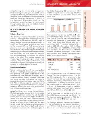 Aditya Birla Nuvo Limited   MANAGEMENT DISCUSSION AND ANALYSIS



outperforming the market and competition.                the ‘Global Outsourcing 100’ companies by IAOP




                                                                                                                                MANAGEMENT DISCUSSION AND ANALYSIS
Madura is targeting to open about 200 stores             in 2011. It recently featured among top 100 global
during 2011-12 to tap domestic demand. Product           IT-ITeS companies (Source: Global Services 100
innovation, retail excellence and improving service      Survey 2011).
levels will be the key focus areas for Madura in
                                                                     Aditya Birla Minacs : Employees (Nos.)
the direction of differentiating itself from the
competition. Mitigating impact of rise in costs                                                                19,615
through appropriate pricing and product strategy                                                  15,261
                                                                          13,564      12,107
will also be a key focus area.                                   11,516


IT — ITeS (Aditya Birla Minacs Worldwide
Limited)                                                      March 2007 March 2008 March 2009   March 2010   March 2011

Industry Overview
                                                         Revenue grew year on year by 11% to ` 1,692
The global economic downturn of the past years           Crore (USD 375 million) driven by a strong order
has had a prolonged effect on GDP growth and             book. Growth picked up in the second half of the
employment in the developed markets. There is            year with the conversion of total contract value
still uncertainty in the sustainability of growth in     (“TCV”) sold. Aditya Birla Minacs sold TCV of
the US and Europe. While growth has been seen            more than USD 775 million during 2010-11
in the corporate IT and ITeS spends, pricing             vis-à-vis USD 600 million sold in 2009-10. About
pressures have been high amongst existing and            55% of the TCV sold in 2010-11 is on account of
new contracts. This led service providers to shift       new business and the balance is renewal
the paradigm by deploying new business models            business. Aditya Birla Minacs won 21 new clients
that encouraged first time buyers on one-hand            during the year. More than 4,000 employees were
and re-invented value propositions for existing          added to support the growth.
ones on the other. Thus service providers are                                                    (` Crore)
increasingly focusing on higher value added
                                                          Aditya Birla Minacs                    2010-11       2009-10
services, innovation and transformation, and
thereby evolving from playing tactical vendor role        Revenue                                  1,692           1,530
to being of strategic benefit to clients.                 EBITDA                                      183               105
Performance Review                                        EBIT                                        116                  42
With a track record of over 29 years, Aditya Birla        Net Profit/(Loss)                             74              (13)
Minacs is a leading business solutions company
that partners with global corporations in the            The US contributed 71% of revenue while
manufacturing, retail, telecom, technology, media        Canada, Europe and India contributed 15%, 6%
and entertainment, banking, insurance, healthcare        and 8% respectively. The revenue mix by the
and public sectors. Leveraging its years of              industry verticals (a) Manufacturing (b) TIME
process, domain and technology expertise, Aditya         (Telecom, Technology Infrastructure, Media and
Birla Minacs delivers superior business value to         Entertainment), (c) Banking and Financial Services
clients through its seamless Customer Lifecycle,         and (d) Insurance and Healthcare is 54%, 33%,
Marketing, Finance and Accounting, Procurement           12% and 1% respectively. In the ITeS business,
and IT solutions and services.                           revenue contribution from top 5 clients reduced
                                                         from 63% in 2009-10 to 53% in 2010-11.
Aditya Birla Minacs ranks among the top 10 Indian
ITeS companies by revenue size. Having global            EBITDA grew year on year by 75% to ` 183
delivery capabilities across the US, Canada,             Crore. EBITDA margin improved from 7% to 11%.
Europe, India and Philippines, Aditya Birla Minacs       The business posted a net profit of ` 74 Crore
serves more than 100 clients (including several          vis-à-vis a net loss of ` 13 Crore last year.
Fortune 500 clients) through 35 centres and about
20,000 employees. Aditya Birla Minacs has been           The business achieved significant improvement
named among the ‘top five emerging outsourcers           in the profitability for the second consecutive
to watch for in North America’ by Frost & Sullivan.      year. While in 2009-10, improvement was largely
It was also recognised in the leaders category of        driven by cost rationalisation measures,


                                                                                     Annual Report 2010-2011               35
 