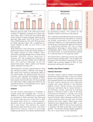 Aditya Birla Nuvo Limited    MANAGEMENT DISCUSSION AND ANALYSIS



                      Agri-business                                                          Agri-business




                                                                                                                                     MANAGEMENT DISCUSSION AND ANALYSIS
                Revenue (` Crore)       Sales (’000 MT)                                      EBITDA (` Crore)
                                            1,106          1,099
       1,044                   1,073

                870                                                                                228

                              1,250                       1,244                                                        176
                                                                                                                155
                                           1,022
                                                                          130
                787
       785                                                                          102




     2006-07   2007-08      2008-09       2009-10         2010-11        2006-07   2007-08       2008-09    2009-10   2010-11

Revenue grew by 22% to ` 1,244 Crore led by                         by decreasing imports. The outlook for the
increase in realisation (subsidy) and higher agri-                  fertilisers industry continues to be positive.
input sales. Rise in feed and fuel (natural gas)
prices resulted in higher subsidies. Revenue from                   IGF is evaluating de-bottlenecking and revamping
agri-input sales grew from ` 53 Crore to ` 79                       of existing ammonia and urea plants for reducing
Crore. EBITDA grew by 13% to ` 176 Crore driven                     the energy consumption and increasing the
by higher agri-input sales. IGF is operating at a                   production capacity. It is also evaluating viability
robust ROACE of 39% up from 31% in the                              of setting up a manufacturing facility for producing
previous year.                                                      the customised fertilisers. IGF has a unique
‘Birla Shaktiman’ Urea continues to maintain its                    geographical advantage of being based in the
leadership position among the private players in                    Indo-gangetic plains. With a strong brand equity
the target markets of Uttar Pradesh, Bihar,                         and market reach, it is well positioned to capture
Jharkhand and West Bengal with a market share                       an increasing share of this growing market.
between 10%-20% (Source: Department of                              The Government is planning to bring urea under
Fertilizers). IGF has increased the production of                   Nutrient based subsidy policy. This coupled with
‘Neem coated’ urea from 219,621 tons to 260,785                     proposal to lift the ceiling on production of neem
tons, the maximum allowable as per the                              coated urea (currently capped at 35% of total
Government policy. Neem coated urea fetches                         production) will benefit the business.
higher realisation by about 5%.
‘Birla Shaktiman’ has been repositioned as a ‘total                 Textiles (Jaya Shree Textiles)
agri solutions provider’, offering a full range of
agri- inputs from sowing to harvesting. Sales of                    Industry Overview
the hybrid seeds, the agrochemicals and micro                       Domestic textiles industry posted encouraging
nutrients have received encouraging response                        performance during the year in terms of volume
from farmers, reflecting the strength of IGF’s                      growth and profitability. The growth was driven
brand equity and channel reach. IGF was awarded                     by increased demand from overseas buyers with
the ‘Agriculture Today Leadership Award’ for the                    Chinese imports becoming more expensive
pioneering efforts in the application of six sigma                  coupled with robust demand in the domestic
principles in agricultural fields.                                  apparel market. Rising income and positive
Outlook                                                             consumer sentiments led to robust demand in
                                                                    the domestic market. Sourcing by overseas
The per hectare consumption of fertilisers in                       players is shifting to India in view of shrinking
nutrient terms has increased from 112 Kg. In                        manufacturing facilities in Europe and rising
2006-07 to 135 Kg. in 2009-10 but it is still lower                 domestic consumption in China. The prices of
as compared to other countries like China and                       inputs like Cotton, Wool, Polyester and Flax Fibre
US (Source: Indian economic survey 2010-11). With                   moved upwards during the year due to strong
the government thrust on ‘inclusive growth’,                        demand and short supply. Wool prices have
agriculture and rural economy are expected to                       reached to their highest level since 1980 – a rise
get a new boost. The demand for quality                             of about 50% in 2010-11 due to short production
agricultural inputs continues to grow. The recent                   in Australia. Flax fibre prices also rose by about
government policies intend to encourage                             40-45%. The textiles industry largely passed on
indigenous production and reduce subsidy burden                     the rise in inputs costs to the customers.


                                                                                                  Annual Report 2010-2011       39
 