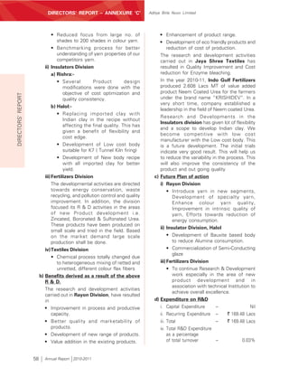 DIRECTORS’ REPORT – ANNEXURE ‘C’                  Aditya Birla Nuvo Limited




                               • Reduced focus from large no. of                     • Enhancement of product range.
                                  shades to 200 shades in colour yarn.               • Development of eco friendly products and
                               • Benchmarking process for better                          reduction of cost of production.
                                  understanding of yarn properties of our            The research and development activities
                                  competitors yarn.                                  carried out in Jaya Shree Textiles has
                           ii) Insulators Division                                   resulted in Quality Improvement and Cost
                              a) Rishra:-                                            reduction for Enzyme bleaching.
                                 • Several        Product         design             In the year 2010-11, Indo Gulf Fertilizers
                                    modifications were done with the                 produced 2.608 Lacs MT of value added
                                    objective of cost optimization and               product Neem Coated Urea for the farmers
DIRECTORS’ REPORT




                                    quality consistency.                             under the brand name “KRISHIDEV”. In a
                                                                                     very short time, company established a
                              b) Halol:-
                                                                                     leadership in the field of Neem coated Urea.
                                 • Replacing imported clay with
                                                                                     Research and Developments in the
                                    Indian clay in the recipe without
                                                                                     Insulators division has given lot of flexibility
                                    affecting the final quality. This has
                                                                                     and a scope to develop Indian clay. We
                                    given a benefit of flexibility and
                                                                                     become competitive with low cost
                                    cost edge.
                                                                                     manufacturer with the Low cost body. This
                                   • Development of Low cost body                    is a future development. The initial trials
                                      suitable for K7 ( Tunnel Kiln firing)          indicate very good result. This will help us
                                   • Development of New body recipe                  to reduce the variability in the process. This
                                      with all imported clay for better              will also improve the consistency of the
                                      yield.                                         product and out going quality
                           iii) Fertilizers Division                              c) Future Plan of action
                                The developmental activities are directed            i) Rayon Division
                                towards energy conservation, waste                        • Introduce yarn in new segments,
                                recycling, and pollution control and quality                 Development of specialty yarn,
                                improvement. In addition, the division                       Enhance colour yarn quality,
                                focused its R & D activities in the areas                    Improvement in intrinsic quality of
                                of new Product development i.e.                              yarn, Efforts towards reduction of
                                Zincated, Boronated & Sulfonated Urea.                       energy consumption.
                                These products have been produced on
                                                                                     ii) Insulator Division, Halol
                                small scale and tried in the field. Based
                                on the market demand large scale                          • Development of Bauxite based body
                                production shall be done.                                    to reduce Alumina consumption.
                            iv) Textiles Division                                         • Commercialization of Semi-Conducting
                                                                                             glaze
                                • Chemical process totally changed due
                                   to heterogeneous mixing of retted and             iii) Fertilizers Division
                                   unretted, different colour flax fibers                 • To continue Research & Development
                         b) Benefits derived as a result of the above                        work especially in the area of new
                            R & D.                                                           product development and in
                                                                                             association with technical Institution to
                            The research and development activities
                                                                                             achieve overall excellence.
                            carried out in Rayon Division, have resulted
                            in                                                    d) Expenditure on R&D
                            • Improvement in process and productive                  i. Capital Expenditure      –                 Nil
                                capacity.                                            ii. Recurring Expenditure –       ` 169.48 Lacs
                            • Better quality and marketability of                    iii. Total                  –     ` 169.48 Lacs
                                products.                                            iv. Total R&D Expenditure
                            • Development of new range of products.                       as a percentage
                            • Value addition in the existing products.                    of total turnover      –             0.03%


                    58     Annual Report 2010-2011
 