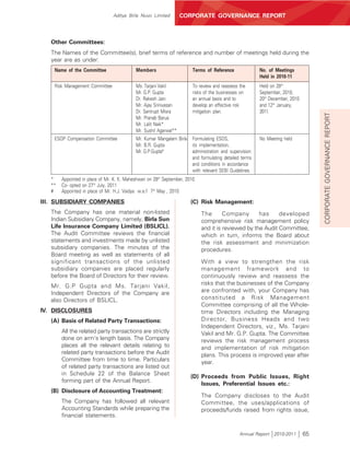 Aditya Birla Nuvo Limited          CORPORATE GOVERNANCE REPORT



   Other Committees:
   The Names of the Committee(s), brief terms of reference and number of meetings held during the
   year are as under:
    Name of the Committee                    Members                     Terms of Reference               No. of Meetings
                                                                                                          Held in 2010-11
    Risk Management Committee                Ms. Tarjani Vakil           To review and reassess the       Held on 28th
                                             Mr. G.P. Gupta              risks of the businesses on       September, 2010,
                                             Dr. Rakesh Jain             an annual basis and to           20th December, 2010
                                             Mr. Ajay Srinivasan         develop an effective risk        and 12th January,
                                             Dr. Santrupt Misra          mitigation plan.                 2011.




                                                                                                                                     CORPORATE GOVERNANCE REPORT
                                             Mr. Pranab Barua
                                             Mr. Lalit Naik*
                                             Mr. Sushil Agarwal**
    ESOP Compensation Committee              Mr. Kumar Mangalam Birla    Formulating ESOS,                No Meeting held
                                             Mr. B.R. Gupta              its implementation,
                                             Mr. G.P.Gupta#              administration and supervision
                                                                         and formulating detailed terms
                                                                         and conditions in accordance
                                                                         with relevant SEBI Guidelines.
   *    Appointed in place of Mr. K. K. Maheshwari on 28th September, 2010.
   **   Co- opted on 27th July, 2011
   #    Appointed in place of Mr. H.J. Vaidya w.e.f 7th May , 2010

III. SUBSIDIARY COMPANIES                                               (C) Risk Management:
   The Company has one material non-listed                                    The       Company       has     developed
   Indian Subsidiary Company, namely, Birla Sun                               comprehensive risk management policy
   Life Insurance Company Limited (BSLICL).                                   and it is reviewed by the Audit Committee,
   The Audit Committee reviews the financial                                  which in turn, informs the Board about
   statements and investments made by unlisted                                the risk assessment and minimization
   subsidiary companies. The minutes of the                                   procedures.
   Board meeting as well as statements of all
   significant transactions of the unlisted                                   With a view to strengthen the risk
   subsidiary companies are placed regularly                                  management framework and to
   before the Board of Directors for their review.                            continuously review and reassess the
   Mr. G.P Gupta and Ms. Tarjani Vakil,                                       risks that the businesses of the Company
   Independent Directors of the Company are                                   are confronted with, your Company has
   also Directors of BSLICL.                                                  constituted a Risk Management
                                                                              Committee comprising of all the Whole-
IV. DISCLOSURES                                                               time Directors including the Managing
   (A) Basis of Related Party Transactions:                                   Director, Business Heads and two
                                                                              Independent Directors, viz., Ms. Tarjani
        All the related party transactions are strictly                       Vakil and Mr. G.P. Gupta. The Committee
        done on arm's length basis. The Company                               reviews the risk management process
        places all the relevant details relating to                           and implementation of risk mitigation
        related party transactions before the Audit                           plans. This process is improved year after
        Committee from time to time. Particulars                              year.
        of related party transactions are listed out
        in Schedule 22 of the Balance Sheet
                                                                        (D) Proceeds from Public Issues, Right
        forming part of the Annual Report.
                                                                            Issues, Preferential Issues etc.:
   (B) Disclosure of Accounting Treatment:
                                                                              The Company discloses to the Audit
        The Company has followed all relevant                                 Committee, the uses/applications of
        Accounting Standards while preparing the                              proceeds/funds raised from rights issue,
        financial statements.


                                                                                                Annual Report 2010-2011         65
 