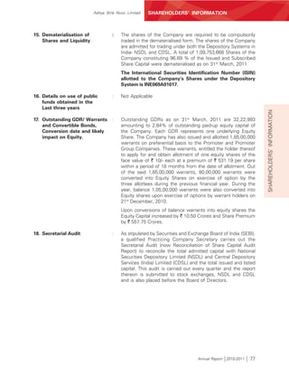 Aditya Birla Nuvo Limited   SHAREHOLDERS’ INFORMATION



15. Dematerialisation of             :   The shares of the Company are required to be compulsorily
    Shares and Liquidity                 traded in the dematerialised form. The shares of the Company
                                         are admitted for trading under both the Depository Systems in
                                         India- NSDL and CDSL. A total of 1,09,753,668 Shares of the
                                         Company constituting 96.69 % of the Issued and Subscribed
                                         Share Capital were dematerialised as on 31st March, 2011
                                         The International Securities Identification Number (ISIN)
                                         allotted to the Company's Shares under the Depository
                                         System is INE069A01017.

16. Details on use of public         :   Not Applicable
    funds obtained in the
    Last three years




                                                                                                           SHAREHOLDERS’ INFORMATION
17. Outstanding GDR/ Warrants        :   Outstanding GDRs as on 31st March, 2011 are 32,22,993
    and Convertible Bonds,               amounting to 2.84% of outstanding paid-up equity capital of
    Conversion date and likely           the Company. Each GDR represents one underlying Equity
    impact on Equity.                    Share. The Company has also issued and allotted 1,85,00,000
                                         warrants on preferential basis to the Promoter and Promoter
                                         Group Companies. These warrants, entitled the holder thereof
                                         to apply for and obtain allotment of one equity shares of the
                                         face value of ` 10/- each at a premium of ` 531.19 per share
                                         within a period of 18 months from the date of allotment. Out
                                         of the said 1,85,00,000 warrants, 80,00,000 warrants were
                                         converted into Equity Shares on exercise of option by the
                                         three allottees during the previous financial year. During the
                                         year, balance 1,05,00,000 warrants were also converted into
                                         Equity shares upon exercise of options by warrant holders on
                                         21st December, 2010.
                                         Upon conversions of balance warrants into equity shares the
                                         Equity Capital increased by ` 10.50 Crores and Share Premium
                                         by ` 557.75 Crores.

18. Secretarial Audit                :   As stipulated by Securities and Exchange Board of India (SEBI),
                                         a qualified Practicing Company Secretary carries out the
                                         Secretarial Audit (now Reconciliation of Share Capital Audit
                                         Report) to reconcile the total admitted capital with National
                                         Securities Depository Limited (NSDL) and Central Depository
                                         Services (India) Limited (CDSL) and the total issued and listed
                                         capital. This audit is carried out every quarter and the report
                                         thereon is submitted to stock exchanges, NSDL and CDSL
                                         and is also placed before the Board of Directors.




                                                                            Annual Report 2010-2011   77
 