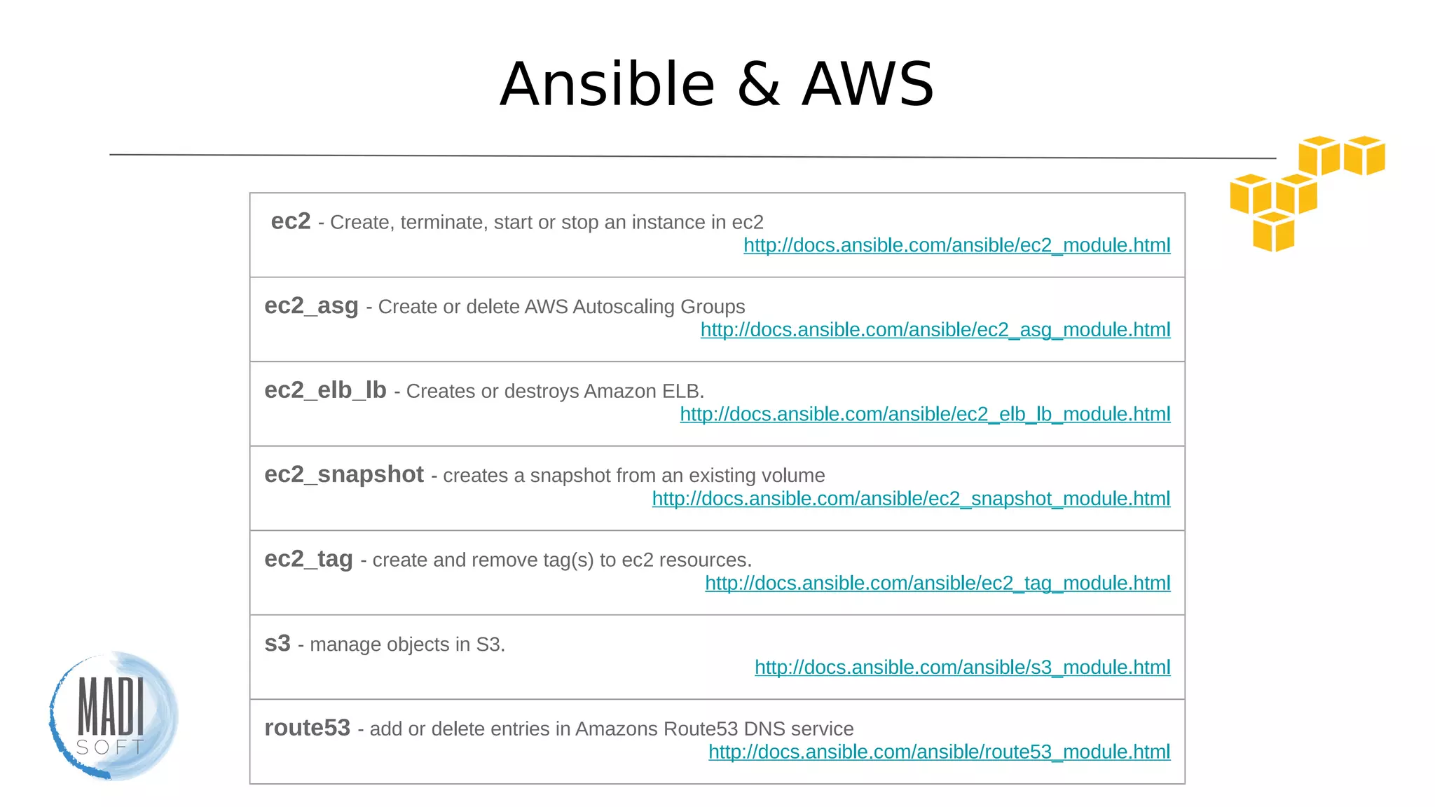 Ansible & AWS
ec2 - Create, terminate, start or stop an instance in ec2
http://docs.ansible.com/ansible/ec2_module.html
ec2_asg - Create or delete AWS Autoscaling Groups
http://docs.ansible.com/ansible/ec2_asg_module.html
ec2_elb_lb - Creates or destroys Amazon ELB.
http://docs.ansible.com/ansible/ec2_elb_lb_module.html
ec2_snapshot - creates a snapshot from an existing volume
http://docs.ansible.com/ansible/ec2_snapshot_module.html
ec2_tag - create and remove tag(s) to ec2 resources.
http://docs.ansible.com/ansible/ec2_tag_module.html
s3 - manage objects in S3.
http://docs.ansible.com/ansible/s3_module.html
route53 - add or delete entries in Amazons Route53 DNS service
http://docs.ansible.com/ansible/route53_module.html
 