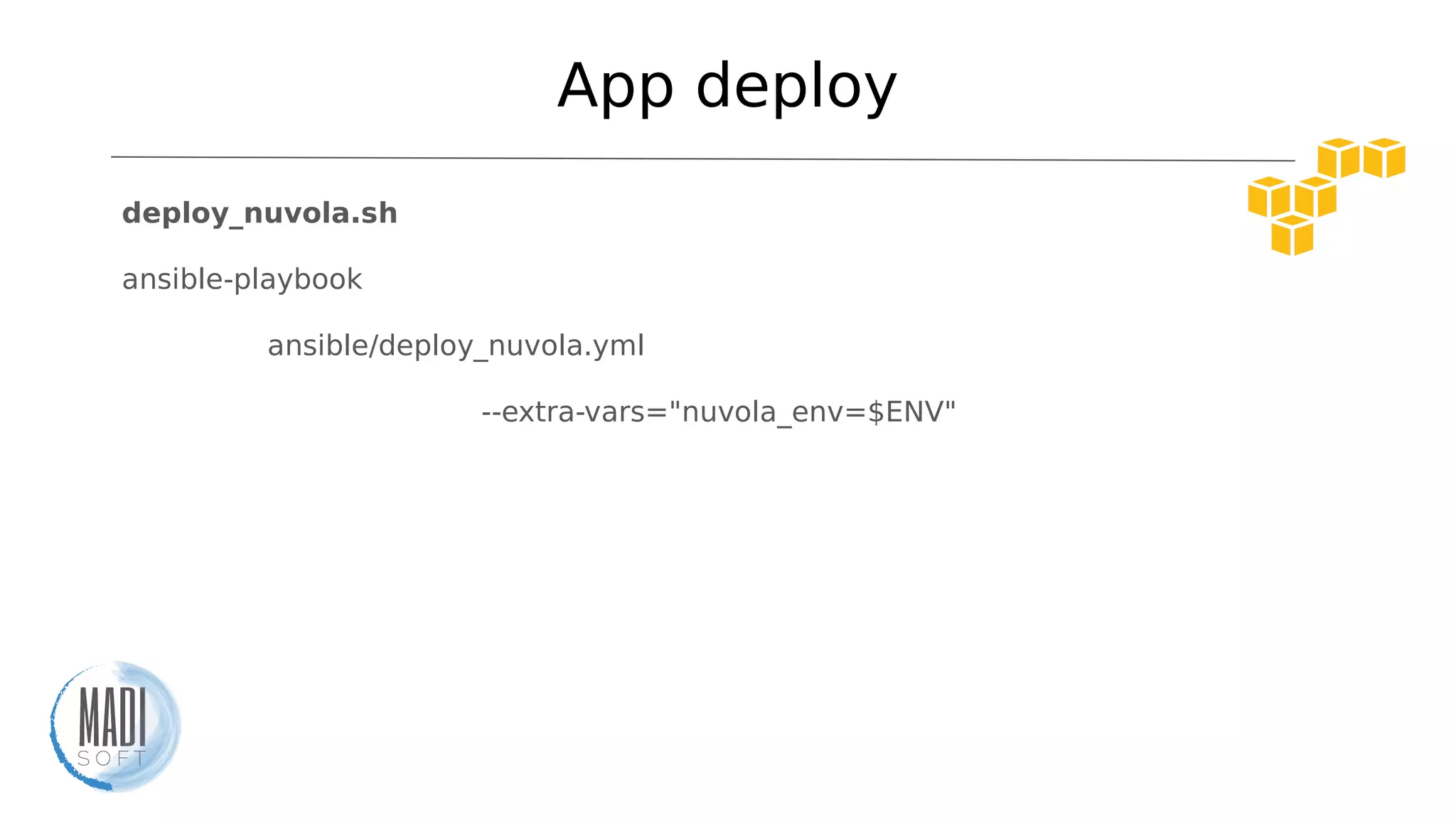 App deploy
deploy_nuvola.sh
ansible-playbook
ansible/deploy_nuvola.yml
--extra-vars="nuvola_env=$ENV"
 