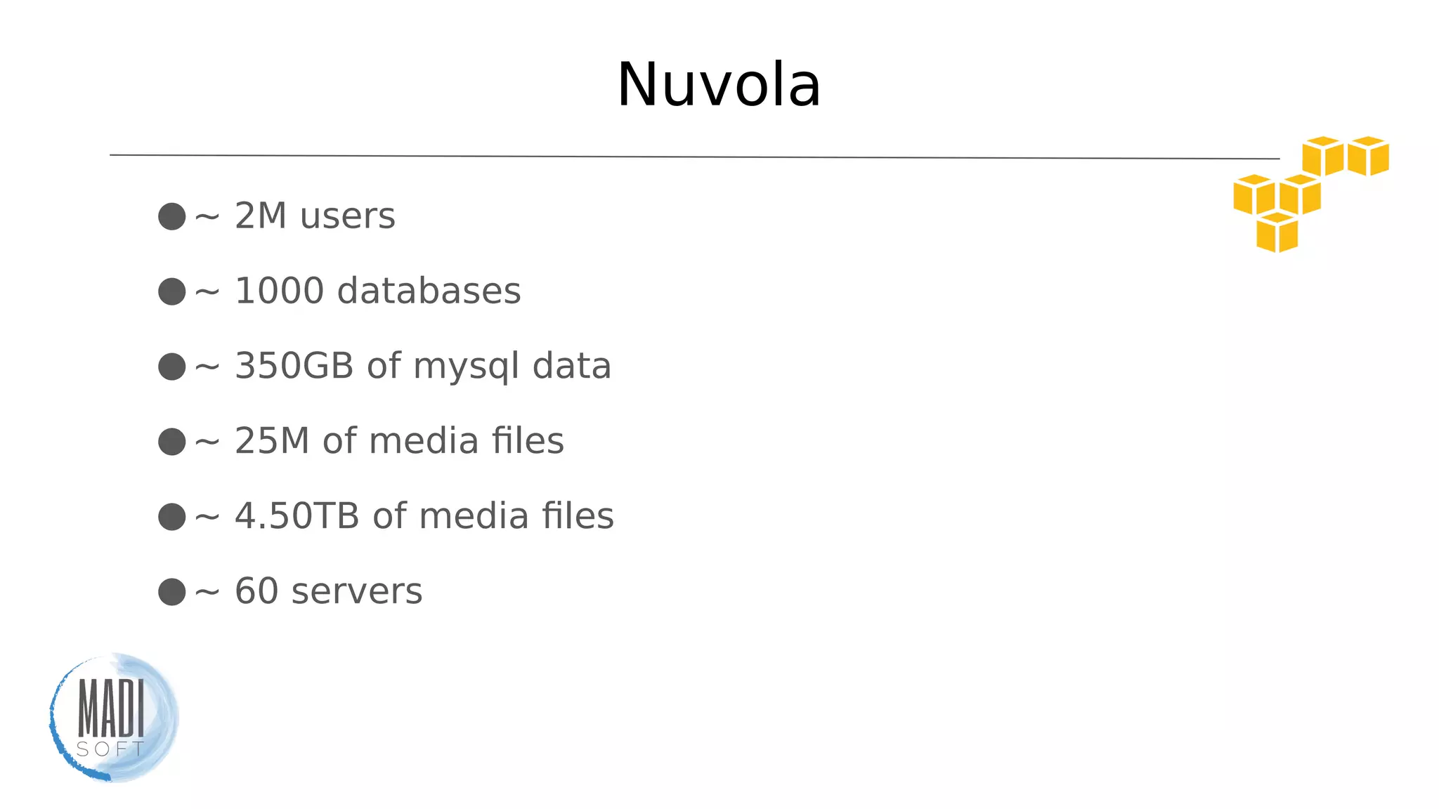 Nuvola
●~ 2M users
●~ 1000 databases
●~ 350GB of mysql data
●~ 25M of media files
●~ 4.50TB of media files
●~ 60 servers
 