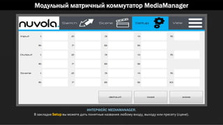 Модульный матричный коммутатор MediaManager
ИНТЕРФЕЙС MEDIAMANAGER.
В закладке Setup вы можете дать понятные названия любому входу, выходу или пресету (сцене).
 