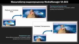 Масштабатор-видеопроцессор MediaManager VA 803
Произвольный размер окна.
Масштабатор позволяет установить любой
размер окна наложения.
Прозрачность окна.
Масштабатор позволяет установить любую
прозрачность окна наложения.
 