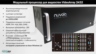 Модульный процессор для видеостен VideoArray 2432
 Высокопроизводительный
видеопроцессор
 24 входа / 32 выхода
 Поддержка разрешений
до 1920x1080
 Поддержка входных сигналов
HDMI, DVI, VGA, SDI, CVBS
 Выходные интерфейсы - DVI
 Широкий набор функций
для работы с изображениями
 В основе - комбинация ПК
и FPGA-матрицы (интуитивно
понятный интерфейс + стабильность)
 Интуитивно понятный
интерфейс управления на базе Windows 10
 