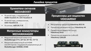 Линейка продуктов
Удлинители сигналов
MEDIABOOST
Матричные коммутаторы
MEDIAMANAGER
Процессоры для видеостен
VIDEOARRAY
 По витой паре, с поддержкой 4K
HDMI-70(100)T/R и DVI-70(100)T/R
 По витой паре, универсальные,
UNIV-70(100)T/R
 По оптике, UNIV-2K/T/R
 Модульный матричный коммутатор
MediaManager 9*9, 18*18, 36*36, 72*72
 Матричный коммутатор 8 на 8 HDMI
или DVI портов с поддержкой разрешения до 4K –
MediaManager HDMI88, DVI88
 Масштабатор-процессор VideoArray 803 VA
 Процессор для видеостен (4x4) VideoArray 44
 Процессор для видеостен (24x32)
VideoArray 2432
 Процессор для видеостен (128x128)
VideoArray 128128
 