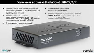 Удлинитель по оптике MediaBoost UNIV-2K/T/R
 Универсальный передатчик сигналов по
оптическому кабелю на расстояние до 2 км
(одномодовый кабель).
 Поддерживаемые форматы:
HDMI/DVI/VGA/YPBPR/CVBS + LR (аудио),
управляющие сигналы ИК и RS232.
 Поддерживает разрешения до 4K
 Поддерживает разделение
аудио- и видеосигналов
 Возможно прямое подключение к модулю
MM-FO-IN-2000 модульного матричного
коммутатора MediaManager
 