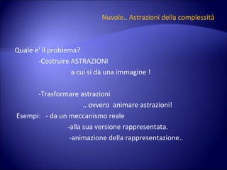 Nuvole.. Astrazioni della complessità Quale e' il problema? -Costruire ASTRAZIONI  a cui si dà una immagine ! -Trasformare astrazioni .. ovvero  animare astrazioni! Esempi:  - da un meccanismo reale  -alla sua versione rappresentata. -animazione della rappresentazione.. 