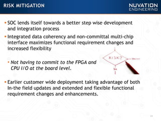  SOC lends itself towards a better step wise development
and integration process
 Integrated data coherency and non-committal multi-chip
interface maximizes functional requirement changes and
increased flexibility
• Not having to commit to the FPGA and
CPU I/O at the board level.
 Earlier customer wide deployment taking advantage of both
In-the field updates and extended and flexible functional
requirement changes and enhancements.
24
RISK MITIGATION
 