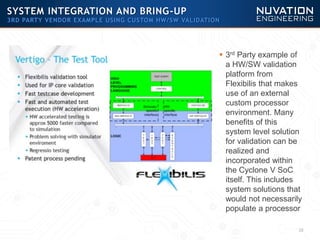  3rd Party example of
a HW/SW validation
platform from
Flexibilis that makes
use of an external
custom processor
environment. Many
benefits of this
system level solution
for validation can be
realized and
incorporated within
the Cyclone V SoC
itself. This includes
system solutions that
would not necessarily
populate a processor
28
SYSTEM INTEGRATION AND BRING-UP
3RD PARTY VENDOR EXAMPLE USING CUSTOM HW/SW VALIDATION
 