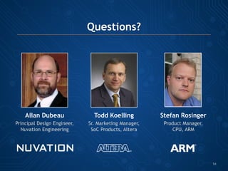 54
Questions?
Allan Dubeau
Principal Design Engineer,
Nuvation Engineering
Todd Koelling
Sr. Marketing Manager,
SoC Products, Altera
Stefan Rosinger
Product Manager,
CPU, ARM
 