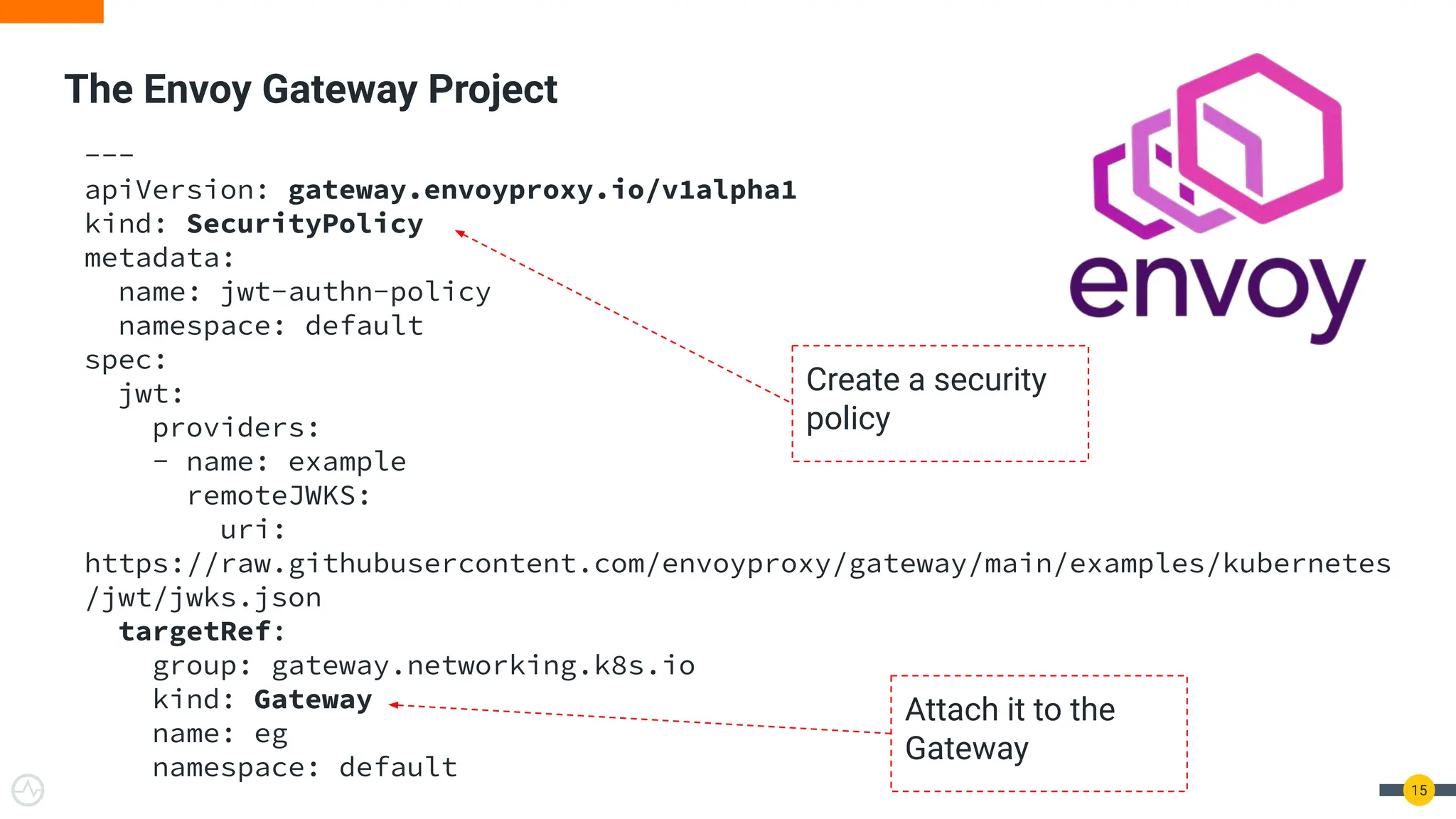 The Envoy Gateway Project
15
---
apiVersion: gateway.envoyproxy.io/v1alpha1
kind: SecurityPolicy
metadata:
name: jwt-authn-policy
namespace: default
spec:
jwt:
providers:
- name: example
remoteJWKS:
uri:
https://raw.githubusercontent.com/envoyproxy/gateway/main/examples/kubernetes
/jwt/jwks.json
targetRef:
group: gateway.networking.k8s.io
kind: Gateway
name: eg
namespace: default
Create a security
policy
Attach it to the
Gateway
 