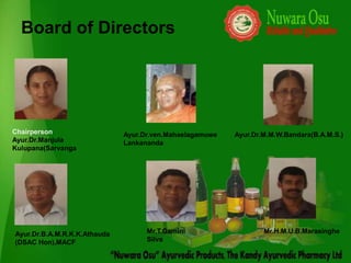 Board of Directors




Chairperson                   Ayur.Dr.ven.Mahaelagamuwe   Ayur.Dr.M.M.W.Bandara(B.A.M.S.)
Ayur.Dr.Manjula               Lankananda
Kulupana(Sarvanga




Ayur.Dr.B.A.M.R.K.K.Athauda         Mr.T.Gamini                   Mr.H.M.U.B.Marasinghe
(DSAC Hon),MACF                     Silva
 