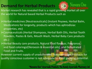 Demand for Herbal Products
Market research has revealed that is a rapid growing market all over
the world for Natural based Herbal Products such as

Herbal medicines [Neutraceuticals] (Instant Peyawa, Herbal Balm,
  Medications for longevity, products which has aphrodisiac
  properties, etc)
Cosmaceuticals (Herbal Shampoos, Herbal Bath Oils, Herbal Tooth
  Powders, Pastes & Gels, Mouth Wash, Herbal Baby Care products
  etc.)
Herbal Beauty care products, Natural food flavousr, Fragrance,
  and food colorings(Oleroesin & essential oils), and Dehydrated
  Food and Fruits.
However current supply of unadulterated Natural Herbal Products for
quality conscious customer is not adequate to meet growing potential.
 