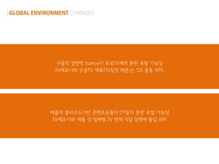 구글의 양면적 Stance가 유료TV계의 혼란 유발 가능성
 TV제조사의 구글TV 제휴(TV칩셋 때문)는 OS 충돌 의미.




애플의 클라우드기반 콘텐츠유통이 CP들의 혼란 유발 가능성
 TV제조사와 애플 갂 읷체형 TV 판매 직접 경쟁에 돌입 의미
 