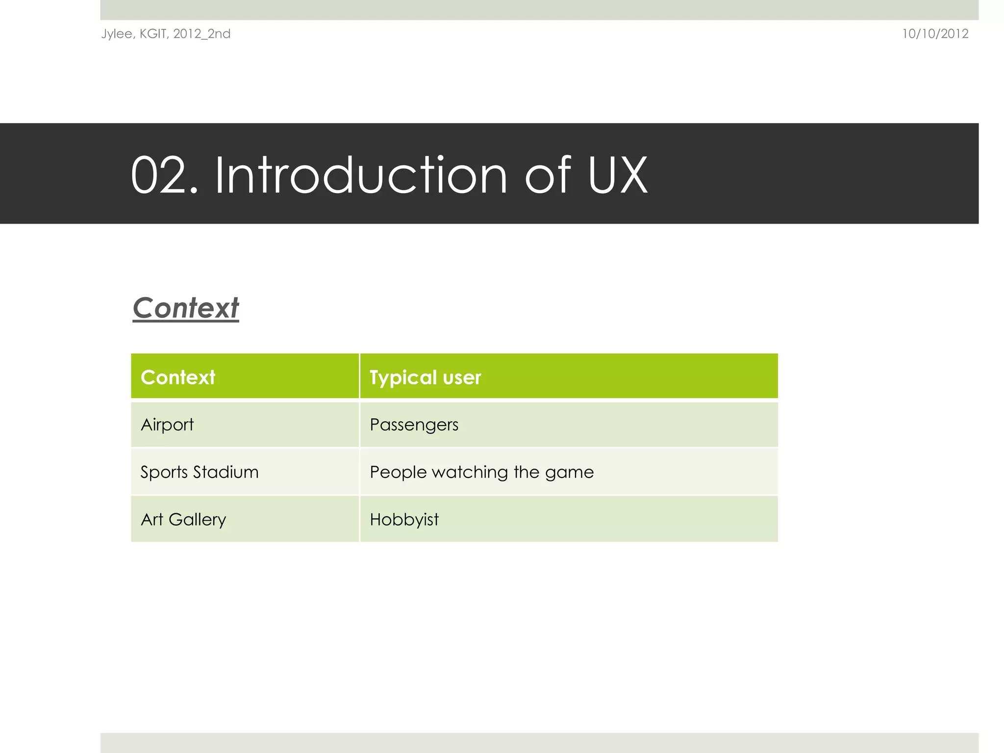 Jylee, KGIT, 2012_2nd                              10/10/2012




    02. Introduction of UX

     Context

      Context           Typical user

      Airport           Passengers

      Sports Stadium    People watching the game

      Art Gallery       Hobbyist
 