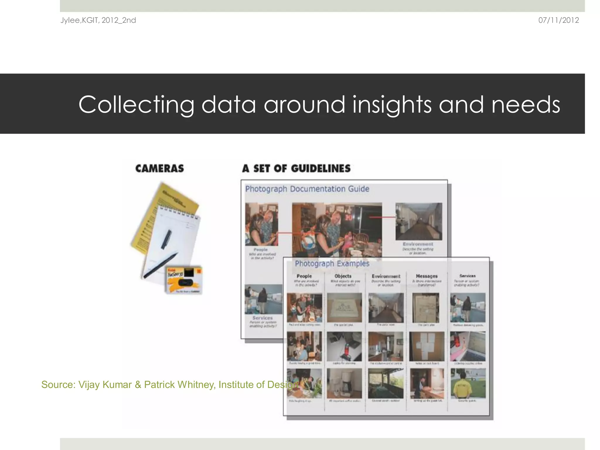 Jylee,KGIT, 2012_2nd                                     07/11/2012




        Collecting data around insights and needs




Source: Vijay Kumar & Patrick Whitney, Institute of Design
 