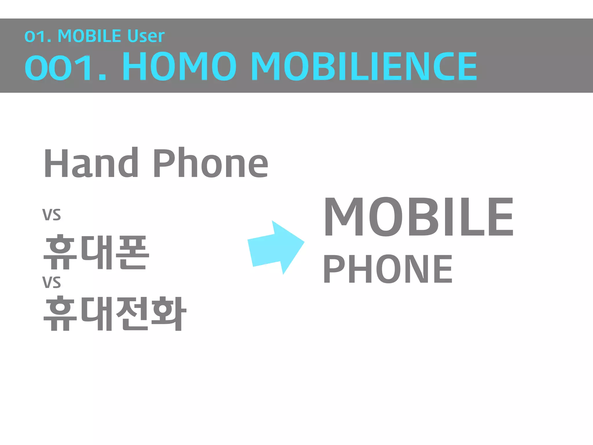 01. MOBILE User

001. HOMO MOBILIENCE

 Hand Phone
 VS
                  MOBILE
 휴대폰
 VS               PHONE
 휴대전화
 
