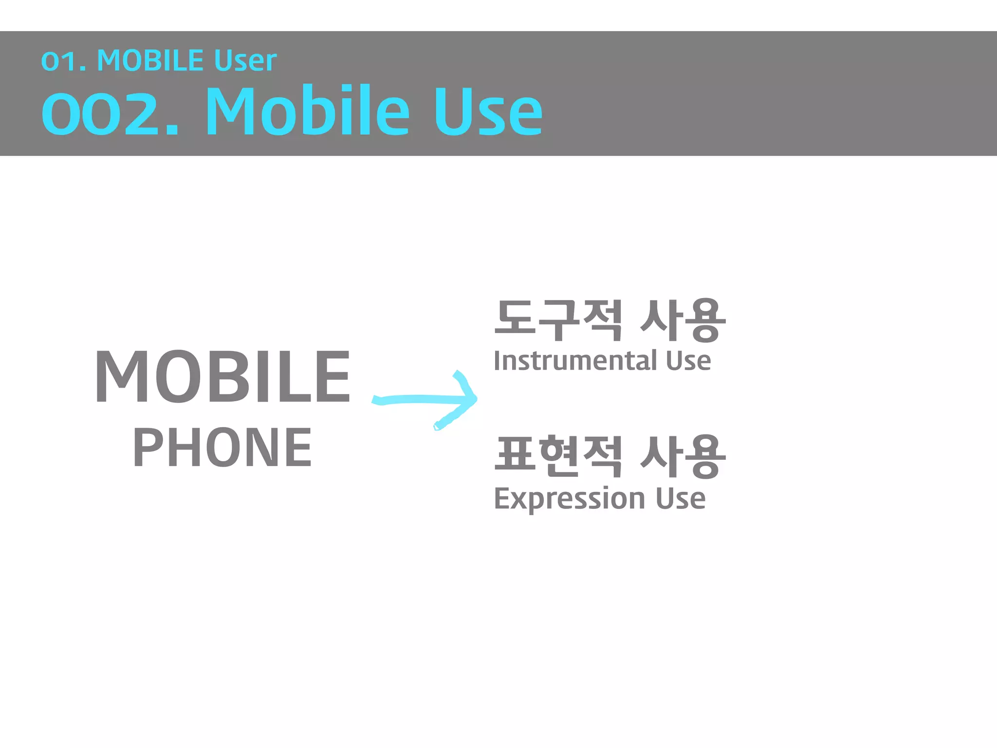 01. MOBILE User

002. Mobile Use


                  도구적 사용
   MOBILE         Instrumental Use


     PHONE        표현적 사용
                  Expression Use
 