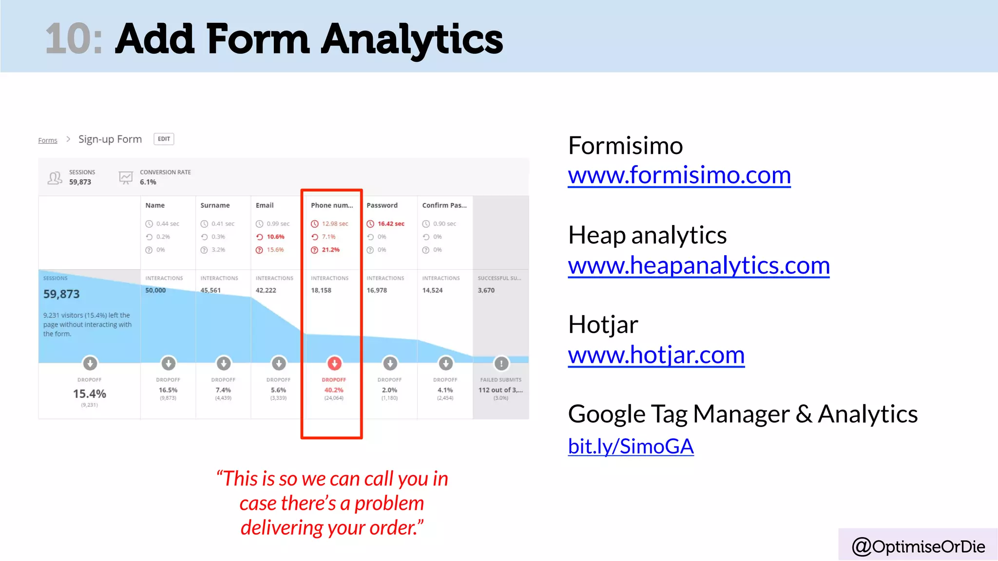 @OptimiseOrDie
10: Add Form Analytics
Formisimo
www.formisimo.com
Heap analytics
www.heapanalytics.com
Hotjar
www.hotjar.com
Google Tag Manager & Analytics
bit.ly/SimoGA
“This is so we can call you in
case there’s a problem
delivering your order.”
 