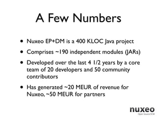 A Few Numbers
•   Nuxeo EP+DM is a 400 KLOC Java project
•   Comprises ~190 independent modules (JARs)
•   Developed over the last 4 1/2 years by a core
    team of 20 developers and 50 community
    contributors
•   Has generated ~20 MEUR of revenue for
    Nuxeo, ~50 MEUR for partners
 