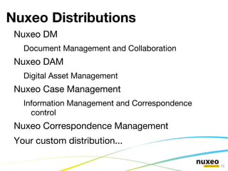 Nuxeo Enterprise Platform Nuxeo EP provides : Extensible and configurable ECM services (Document storage, workflow, indexing, security, relationship management, …) 