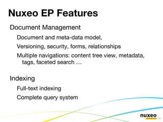 Ready to use pre-packaged applications (Nuxeo DM, Nuxeo DAM, Nuxeo Case Management Framework ...) 