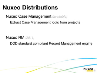 Integration Examples Integrate with existing security system or SSO Nuxeo Authentication stack is completely pluggable Basic auth, 3 rd  party portal auth, CAS SSO, Clearstream SSO, ...  Fetch documents from Nuxeo Automation client, Java API, WebServices, REST,  CMIS … Integrate external services providers Content Automation, Actions, Listeners Use Nuxeo as a service stack 