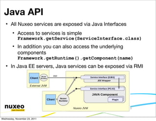 Java API
   
       All Nuxeo services are exposed via Java Interfaces
        
            Access to services is simple
            Framework.getService(ServiceInterface.class)
        
            In addition you can also access the underlying
            components
            Framework.getRuntime().getComponent(name)
   
       In Java EE servers, Java services can be exposed via RMI




                                                             19


Wednesday, November 23, 2011
 