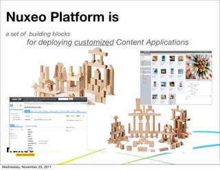 Nuxeo Platform is
  a set of building blocks
              for deploying customized Content Applications




                                                         6


Wednesday, November 23, 2011
 