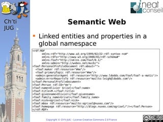 ’t                        Semantic Web
JUG
         Linked entities and properties in a
          global namespace




            Copyright © Ch'ti JUG – License Creative Commons 2.0 France
 