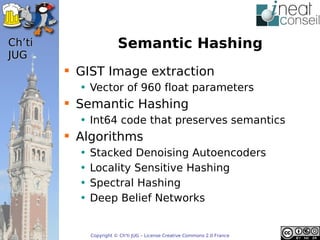 ’t                    Semantic Hashing
JUG
         GIST Image extraction
          • Vector of 960 float parameters
         Semantic Hashing
          • Int64 code that preserves semantics
         Algorithms
          •   Stacked Denoising Autoencoders
          •   Locality Sensitive Hashing
          •   Spectral Hashing
          •   Deep Belief Networks


              Copyright © Ch'ti JUG – License Creative Commons 2.0 France
 