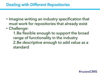 Dealing with Different Repositories
•  Imagine writing an industry speciﬁcation that
must work for repositories that already exist
•  Challenge:
1. Be ﬂexible enough to support the broad
range of functionality in the industry
2. Be descriptive enough to add value as a
standard
#nuxeoCMIS
 