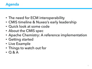 Agenda
3
•  The need for ECM interoperability
•  CMIS timeline & Nuxeo’s early leadership
•  Quick look at some code
•  About the CMIS spec
•  Apache Chemistry: A reference implementation
•  Getting started
•  Live Example
•  Things to watch out for
•  Q & A
 