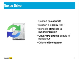 Nuxeo Drive

• Gestion des conﬂits

• Support de proxy HTTP

• Icône de statut de la
synchronisation
• Ouverture directe depuis le
navigateur
• Orienté développeur

20

 