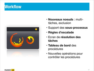 Workﬂow
• Nouveaux noeuds : multitâches, exclusion

• Support des sous-processus

• Règles d’escalade

• Ecran de résolution des
tâches
• Tableau de bord des
procédures 

• Nouvelles opérations pour
contrôler les procédures

21

 