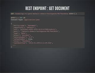 REST ENDPOINT : GET DOCUMENT
GT/ue/p/1pt/eal-oanwrsae/STsNt HT/.
E nxoaiv/ahdfutdmi/okpcsW/etoe TP11
HT/. 20O
TP11 0 K
CnetTp:apiainjo
otn-ye plcto/sn
{
"niytp" "ouet,
ett-ye: dcmn"
"eoioy:"eal"
rpstr" dfut,
"i" "a98369-5591-781acc,
ud: 639e-804f-c9b08491"
"ah:"dfutdmi/okpcsW/etoe,
pt" /eal-oanwrsae/STsNt"
"ye:"oe,
tp" Nt"
"tt" "rjc"
sae: poet,
"esoLbl:"."
vrinae" 00,
"shceOt:tu,
iCekdu" re
"il" "etoe,
tte: TsNt"
"atoiid:"040-01:12.4"
lsMdfe" 21-12T31:96Z,
..
.
}

 