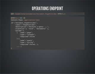 OPERATIONS ENDPOINT
GT/ue/ieatmto/ouetPgPoie HT/.
E nxost/uoainDcmn.aervdr TP11
HT/. 20O
TP11 0 K
CnetTp:apiainjo
otn-ye plcto/sn
i""ouetPgPoie"
d:Dcmn.aervdr,
"ae""aervdr,
lbl:PgPoie"
"ecito""efr aqey..,
dsrpin:Prom
ur ."
"intr"["od,"ouet"]
sgaue: vi" dcmns ,
"aas:
prm"[
{ "ae:pg"
nm""ae,
"ye:itgr,
tp""nee"
"eurd:as
rqie"fle
}{
,
"ae:qey,
nm""ur"
"ye:srn"
tp""tig,
"eurd:as,}
rqie"fle ,
..]
.
}

 