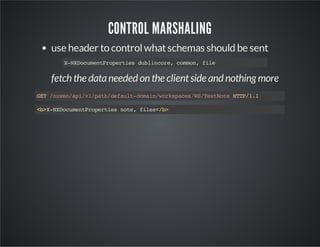 CONTROL MARSHALING
use header to control what schemas should be sent
XNDcmnPoete dbicr,cmo,fl
-Xouetrpris ulnoe omn ie

fetch the data needed on the client side and nothing more
GT/ue/p/1pt/eal-oanwrsae/STsNt HT/.
E nxoaiv/ahdfutdmi/okpcsW/etoe TP11
<>-Xouetrprisnt,fls/>
bXNDcmnPoete oe ie<b

 