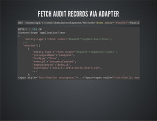 FETCH AUDIT RECORDS VIA ADAPTER

GT/ue/p/1pt/oanwrsae/Snt/fn clr"6a4"@ui<fn>HT
E nxoaiv/ahdmi/okpcsW/oe<ot oo=#a8f>adt/ot TP

HT/. 20O
TP11 0 K
CnetTp:apiainjo
otn-ye plcto/sn
{
"niytp""fn clr"6a4"lgnre<fn>,
ett-ye:<ot oo=#a8f>oEtis/ot"
..
.
"nre"[
etis:
{
"niytp""fn clr"6a4"lgnr<fn>,
ett-ye:<ot oo=#a8f>oEty/ot"
"rniaNm""dlrt,
picplae:tepa"
"oTp""oe,
dcye:Nt"
"vnI""ouetrae"
eetd:dcmnCetd,
"eoioyd:dfut,
rpstrI""eal"
"vnDt""040-21:85.9+10"
eetae:21-11T65:5240:0,
..
.
}
,
<pnsye"otfml:mnsae"../pn<pnsye"otfml:mnsae"}/
sa tl=fn-aiy oopc;>.<sa>sa tl=fn-aiy oopc;><

 