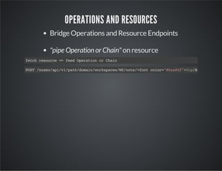 OPERATIONS AND RESOURCES
Bridge Operations and Resource Endpoints
"pipe Operation or Chain" on resource
fthrsuc = fe Oeaino Can
ec eore > ed prto r hi

PS /ue/p/1pt/oanwrsae/Snt/fn clr"6a4"@pBo.oD<f
OT nxoaiv/ahdmi/okpcsW/oe<ot oo=#a8f>o/lbTPF/

 