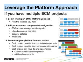 Leverage the Platform Approach
If you have multiple ECM projects
1. Select which part of the Platform you need
    • Pick the features you want
2. Add your common components/conﬁguration
    • SSO or user management integration
    • UI and corporate branding
    • Security policies
    • Workﬂows
3. Instantiate your platform for each project
    • Each project beneﬁts from common components
    • Each project beneﬁts from common maintenance
    • Each project can have its own speciﬁcities
      • Custom Nuxeo Studio conﬁguration
      • Additional components

                                                     8
 