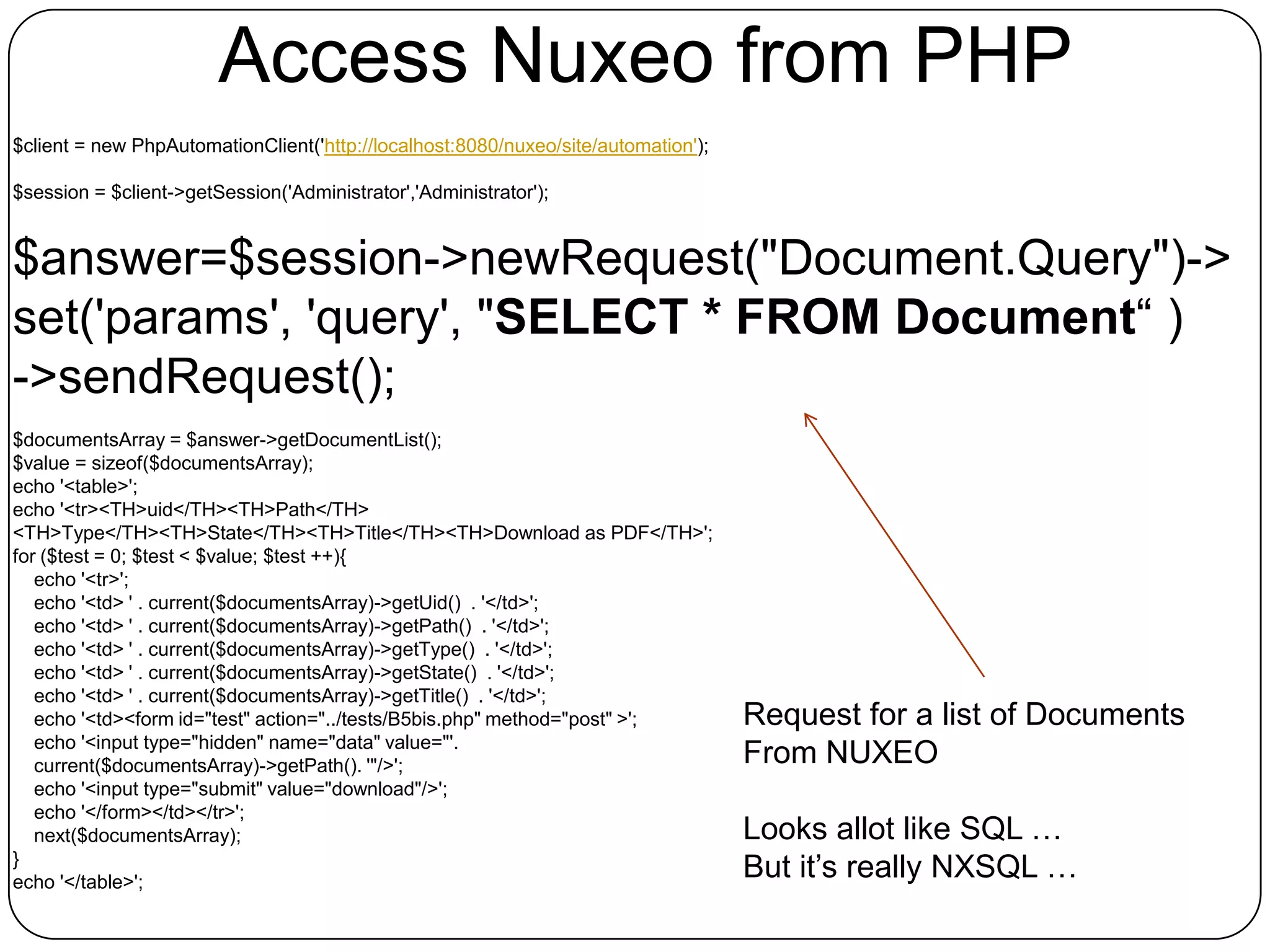 Access Nuxeo from PHP
$client = new PhpAutomationClient('http://localhost:8080/nuxeo/site/automation');

$session = $client->getSession('Administrator','Administrator');


$answer=$session->newRequest("Document.Query")->
set('params', 'query', "SELECT * FROM Document“ )
->sendRequest();
$documentsArray = $answer->getDocumentList();
$value = sizeof($documentsArray);
echo '<table>';
echo '<tr><TH>uid</TH><TH>Path</TH>
<TH>Type</TH><TH>State</TH><TH>Title</TH><TH>Download as PDF</TH>';
for ($test = 0; $test < $value; $test ++){
   echo '<tr>';
   echo '<td> ' . current($documentsArray)->getUid() . '</td>';
   echo '<td> ' . current($documentsArray)->getPath() . '</td>';
   echo '<td> ' . current($documentsArray)->getType() . '</td>';
   echo '<td> ' . current($documentsArray)->getState() . '</td>';
   echo '<td> ' . current($documentsArray)->getTitle() . '</td>';
   echo '<td><form id="test" action="../tests/B5bis.php" method="post" >';          Request for a list of Documents
   echo '<input type="hidden" name="data" value="'.
   current($documentsArray)->getPath(). '"/>';                                      From NUXEO
   echo '<input type="submit" value="download"/>';
   echo '</form></td></tr>';
   next($documentsArray);                                                           Looks allot like SQL …
}
echo '</table>';
                                                                                    But it’s really NXSQL …
 