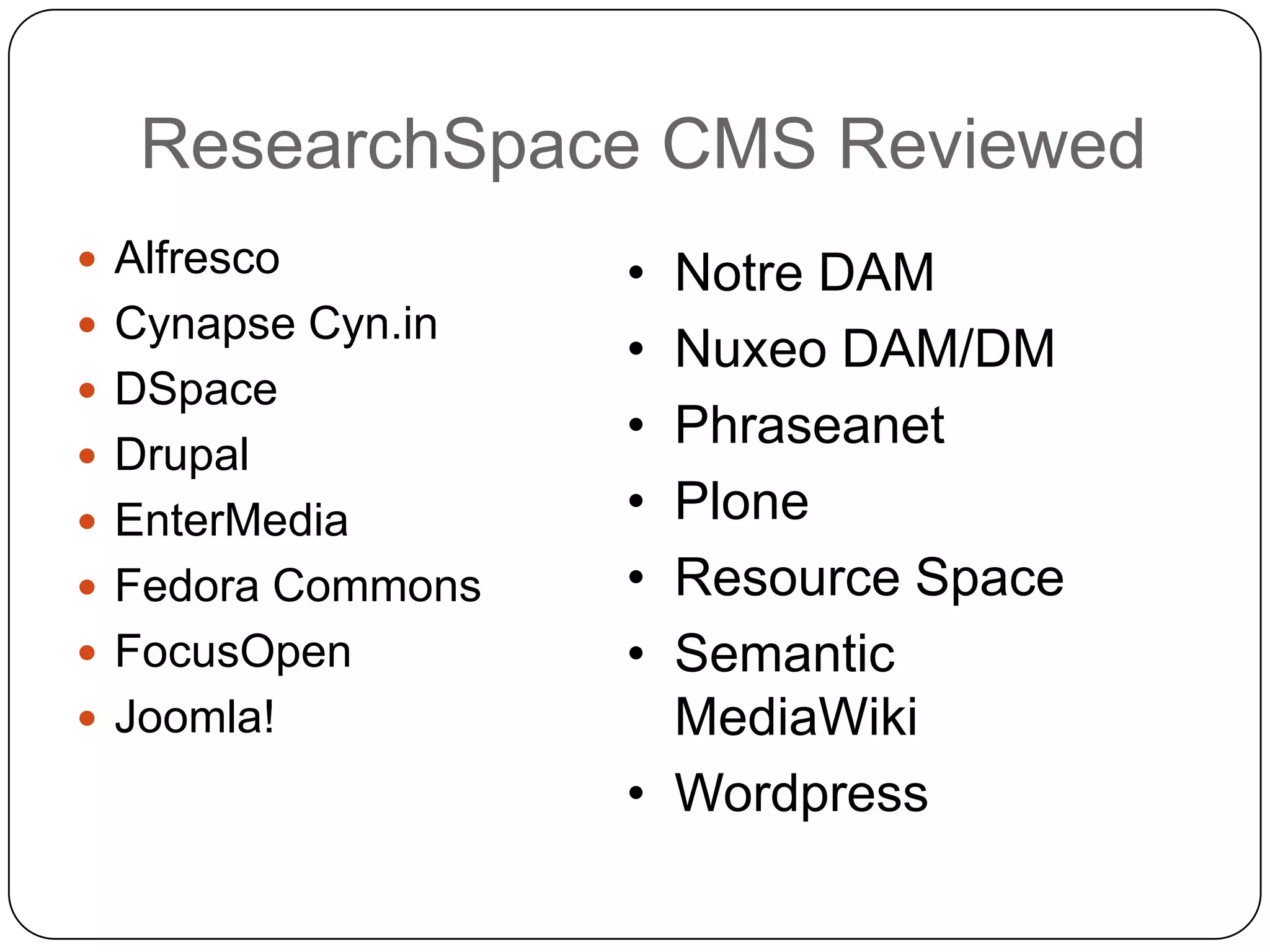 ResearchSpace CMS Reviewed
 Alfresco         • Notre DAM
 Cynapse Cyn.in
                   • Nuxeo DAM/DM
 DSpace
                   • Phraseanet
 Drupal
 EnterMedia       • Plone
 Fedora Commons   • Resource Space
 FocusOpen        • Semantic
 Joomla!            MediaWiki
                   • Wordpress
 