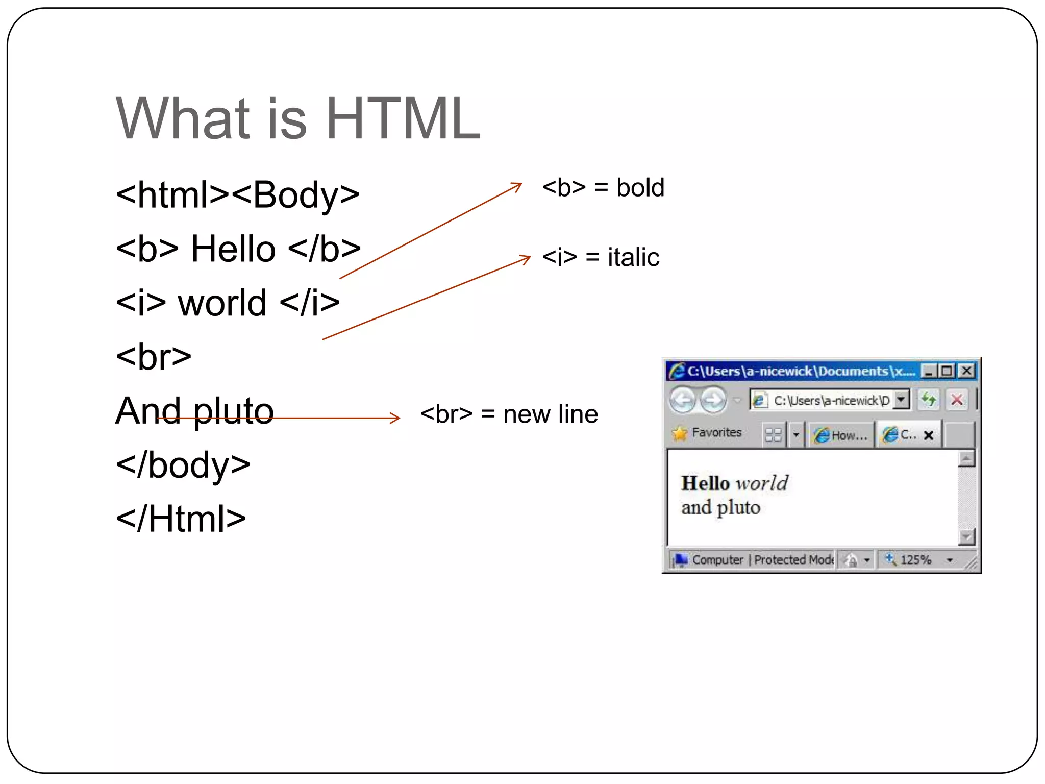 What is HTML
<html><Body>               <b> = bold

<b> Hello </b>             <i> = italic
<i> world </i>
<br>
And pluto        <br> = new line

</body>
</Html>
 