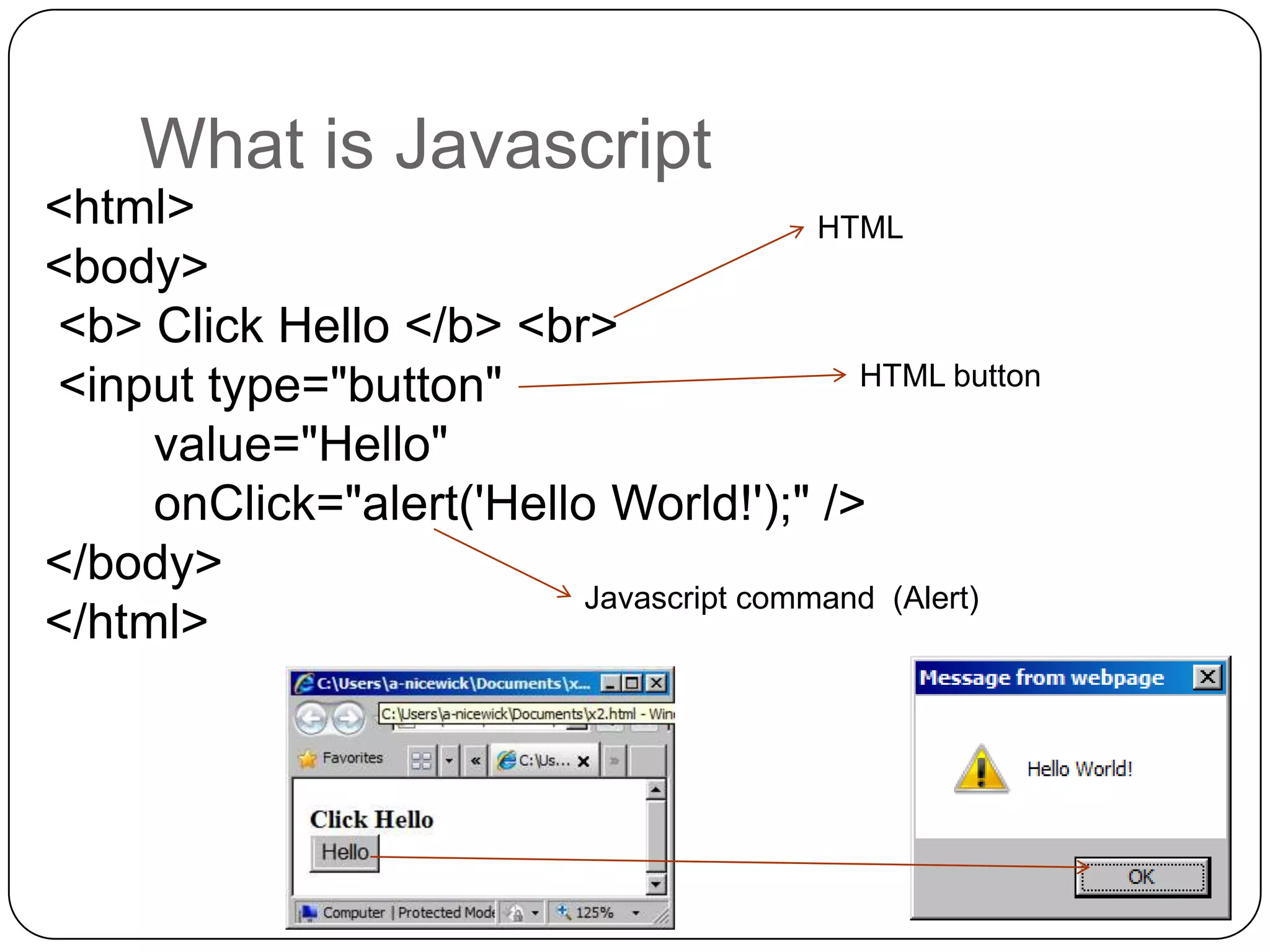 What is Javascript
<html>                                   HTML
<body>
<b> Click Hello </b> <br>
<input type="button"                       HTML button

     value="Hello"
     onClick="alert('Hello World!');" />
</body>
                          Javascript command (Alert)
</html>
 